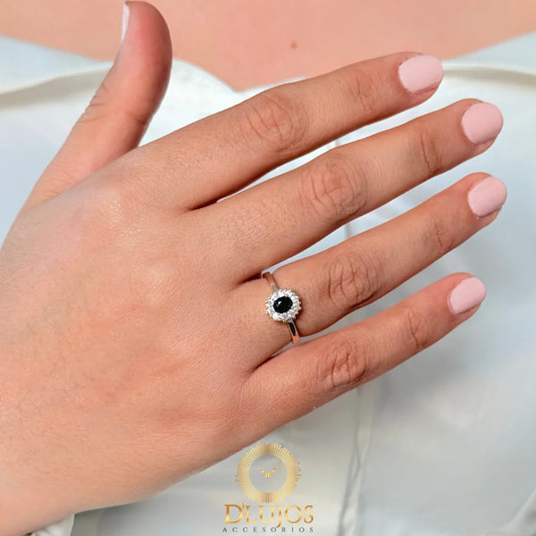 Anillo Plata 925 Solitario Flor Bonita Negro