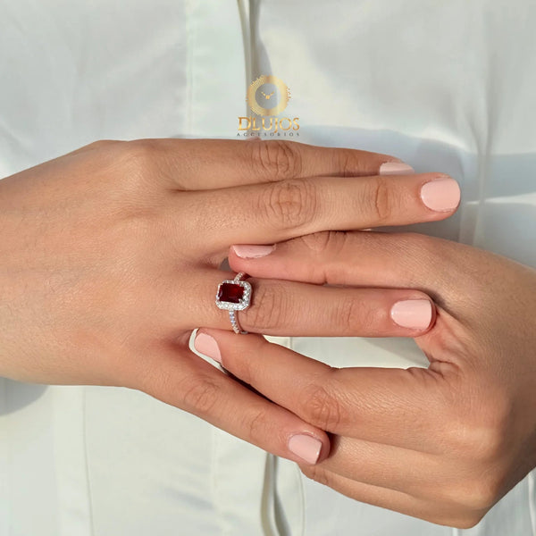 Anillo de Plata 925 Solitario Boda Piedra Roja