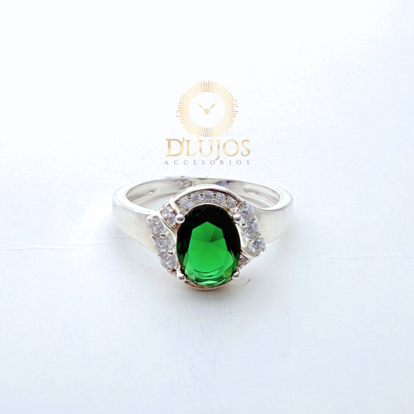 Anillo de Plata 925 Solitario Redondo Circón Verde