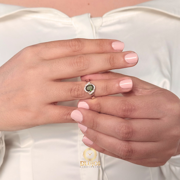 Anillo de Plata 925 Solitario Redondo Circón Verde