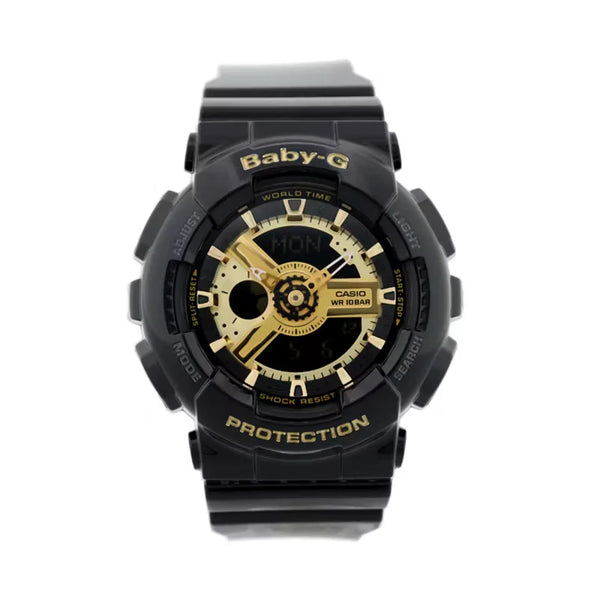 Referencia: BA-110-1ADR Colección: Mujer  Composición: Digital, análogo, cronometro, temporizador, alarma, calendario, Materiales: resina. Color: transparente y dorado Impermeabilidad: 10 ATM Cristal: mineral Producto con garantía de 1 año en funcionamiento Te obsequiamos 1 año de cortesía en batería en nuestra tienda física. Recomendaciones Reloj con resistencia al agua para 100 metros de presión atmosférica, es sumergible. No manipular los botones cuando esta en contacto con el agua