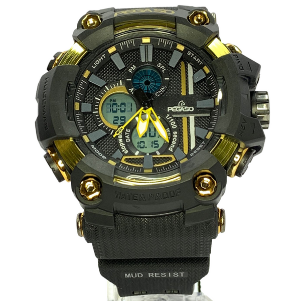 Marca: Pegaso Referencia: P1801A-0118Genero: hombre Composición: digital formato 12 o 24h, luz verde, cronometro, alarma, temporizador, calendario Materiales: Resina Color: negro Impermeabilidad: 5atmCristal: mineral Producto con garantía de 1 año en funcionamiento. El producto es entregado en caja y bolsa de la marca Recomendaciones Reloj con resistencia al agua para chorro, no sumergible. No manipular los botones cuando esta en contacto con el agua