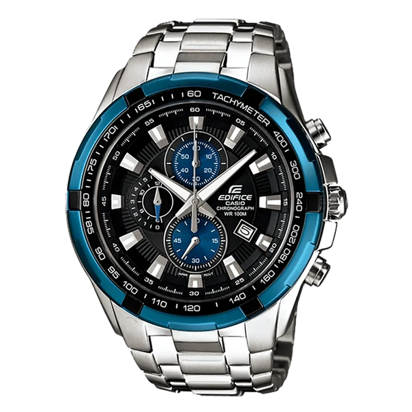 EF-539D-1A2VUDF reloj edifice fondo negro bisel azul todo en acero inoxidable con cronógrafos y fechador
