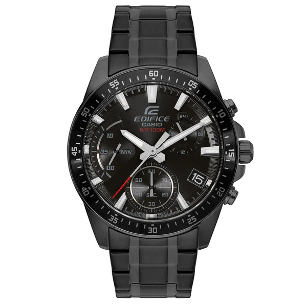 Referencia: Efv-540dc-1aColección: Edifice Genero: Hombre Composición: Análogo, cronografo, cronometro, calendario Materiales: acero inoxidable Color: negro Impermeabilidad: 10 ATM Movimiento: cuarzo Cristal: Mineral Producto con garantía de 1 año en funcionamiento. Recomendaciones Reloj con resistencia al agua para 100 metros de presión atmosférica, es sumergible. No manipular los botones cuando esta en contacto con el agua