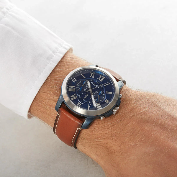 reloj fossil FS5151 caja acero azul pavonado fondo azul pulso cuero cafe miel