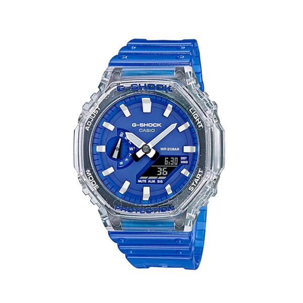 G-shock Referencia: ga-2100hc-2adrGenero: Hombre Composición: analogo, digital, cronometro, temporizador, alarma, calendario. Materiales: resina Color: Azul Impermeabilidad: 20 atm  Cristal: mineral Producto con garantía de 1 año en funcionamiento . Recomendaciones Reloj con resistencia al agua para sumergirse. No manipular los botones cuando se esté en contacto con el agua.