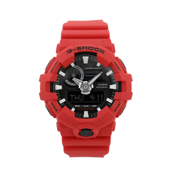G-shock Referencia: GA-700-4ADRGenero: Hombre Composición: analogo, digital, cronometro, temporizador, alarma, calendario. Materiales: resina Color: Rojo Impermeabilidad: 20 atm Cristal: mineral Producto con garantía de 1 año en funcionamiento. Recomendaciones Reloj con resistencia al agua para sumergirse. No manipular los botones cuando se esté en contacto con el agua