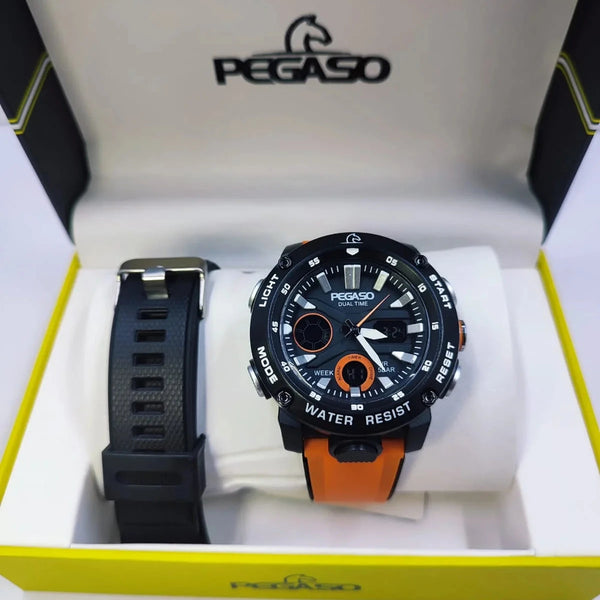 reloj digital doble hora marca pegaso con dos pulsos 
