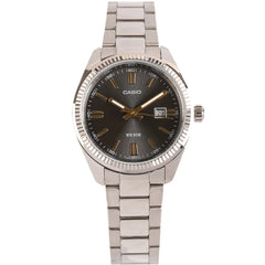 Reloj casio dama fondo negro con indicadores en oro rosa y calendario , pulso en acero