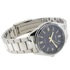 Reloj casio dama fondo negro con indicadores en oro rosa y calendario , pulso en acero