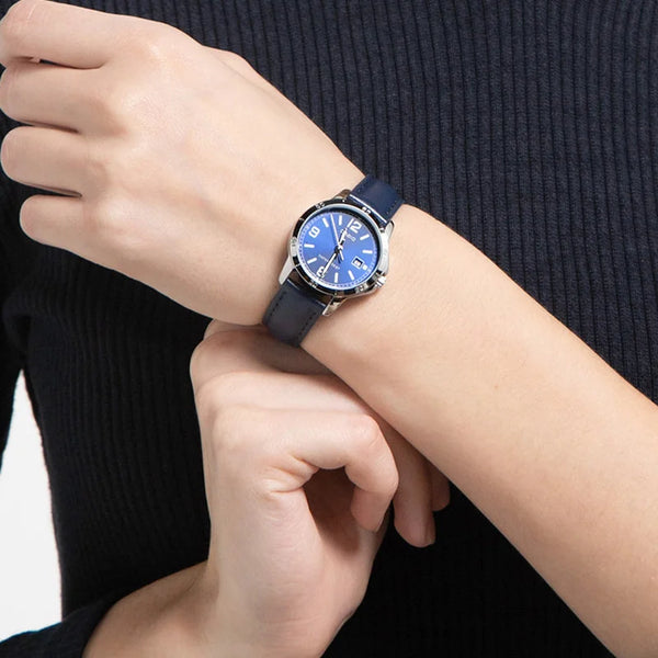 reloj pulso en cuero azul caja en alloy con calendario