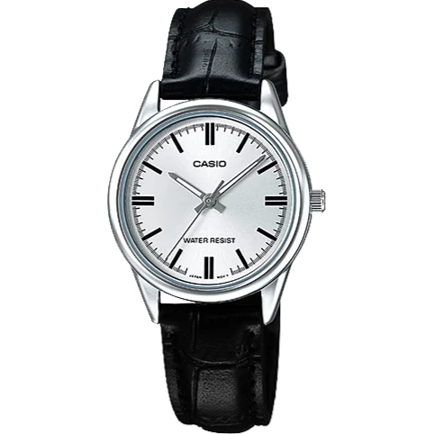 reloj casio dama LTP-V004L-7AUDF en cuero negro con esfera fondo plateado 