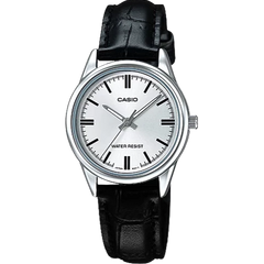 reloj casio dama LTP-V004L-7AUDF en cuero negro con esfera fondo plateado 