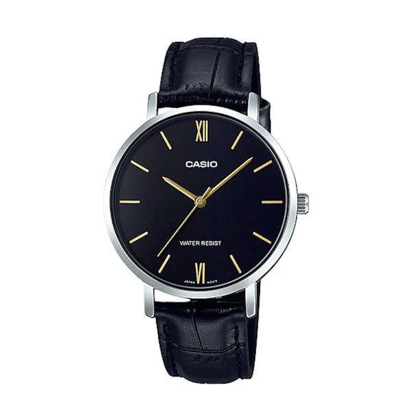 reloj casio pulso negro en cuero caja plateada 