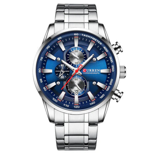 Reloj Curren M-8351-3 Pulso Acero Plateado Fondo Azul