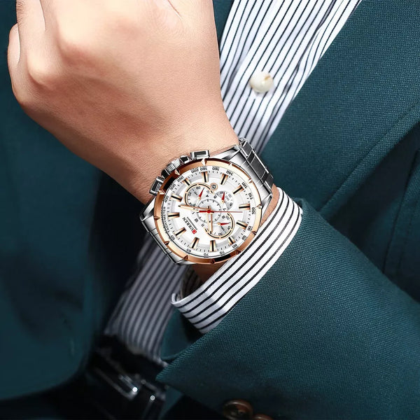 Reloj Curren M-83563-3 Pulso Acero Plateado Fondo Blanco Oro Rosa