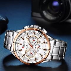 Reloj Curren M-83563-3 Pulso Acero Plateado Fondo Blanco Oro Rosa