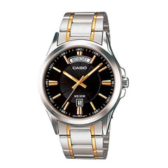 reloj casio Hombre MTP-1381G-1AVDF en acero inoxidable bicolor con calendario y semanario , esfera negra 