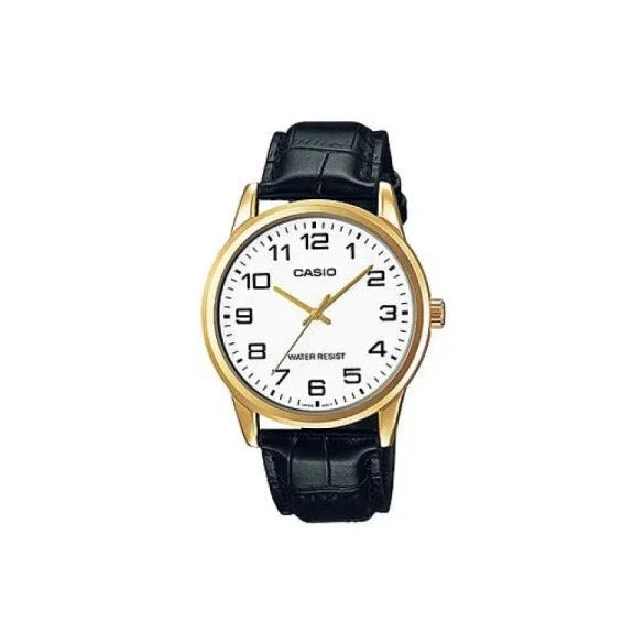 reloj casio en pulso cuero caja dorada fondo blanco con numeros grandes caja mediana