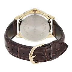 reloj casio MTP-V004GL-7BUDF en pulso cafe con caja dorada , calendario a las tres