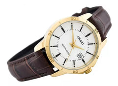 reloj casio MTP-V004GL-7BUDF en pulso cafe con caja dorada , calendario a las tres