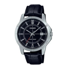 Reloj casio MTP-V004L-1CUDF pulso en cuero negro fondo negro con calendario a las tres 