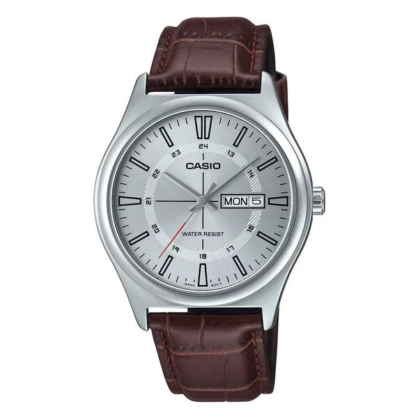 reloj casio mtp-v006l-7cudf en pulso cuero con doble calendario de la semana y del mes , caja plateada 