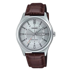 reloj casio mtp-v006l-7cudf en pulso cuero con doble calendario de la semana y del mes , caja plateada 