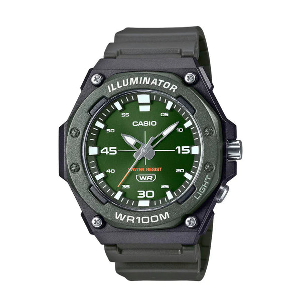 reloj casio en resina color verde militar , con luz led sumergible hasta 100 metros  WR100M
