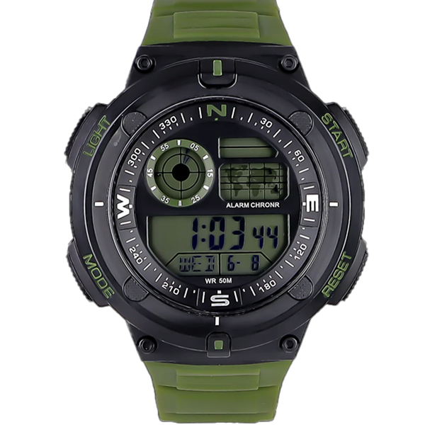 Reloj Digital Deportiva Temporizador Marca: Pegaso Referencia: P1828-110111 Genero: hombre Composición: digital formato 12 o 24h, luz verde, cronometro, alarma, temporizador, calendario Materiales: Caja y pulso en resina Color: negro y verde militar Impermeabilidad: 5atmCristal: mineral Producto con garantía de 1 año en funcionamiento. El producto es entregado en caja y bolsa de la marca Recomendaciones Reloj con resistencia al agua para 50 metros de presión atmosférica, es sumergible. No someter a altas pr