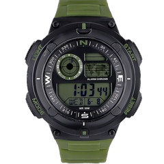 Reloj Digital Deportiva Temporizador Marca: Pegaso Referencia: P1828-110111 Genero: hombre Composición: digital formato 12 o 24h, luz verde, cronometro, alarma, temporizador, calendario Materiales: Caja y pulso en resina Color: negro y verde militar Impermeabilidad: 5atmCristal: mineral Producto con garantía de 1 año en funcionamiento. El producto es entregado en caja y bolsa de la marca Recomendaciones Reloj con resistencia al agua para 50 metros de presión atmosférica, es sumergible. No someter a altas pr