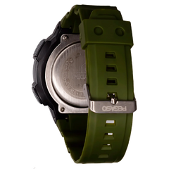 Reloj Deportivo Digital Verde Militar Marca: Pegaso Referencia: P1828-110111 Genero: hombre Composición: digital formato 12 o 24h, luz verde, cronometro, alarma, temporizador, calendario Materiales: Caja y pulso en resina Color: negro y verde militar Impermeabilidad: 5atmCristal: mineral Producto con garantía de 1 año en funcionamiento. El producto es entregado en caja y bolsa de la marca Recomendaciones Reloj con resistencia al agua para 50 metros de presión atmosférica, es sumergible. No someter a altas p