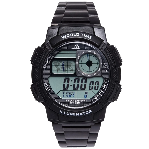 Marca: Pegaso Referencia: P7011BK-M0101Genero: hombre Composición: digital formato 12 o 24h, luz naranja, cronometro, alarma, temporizador Materiales: Caja en resina, pulso en acero Color: negro Impermeabilidad: 3atmCristal: mineral Producto con garantía de 1 año en funcionamiento. El producto es entregado en caja y bolsa de la marca Recomendaciones Reloj con resistencia al agua para salpicaduras, no sumergible. No manipular los botones cuando esta en contacto con el agua