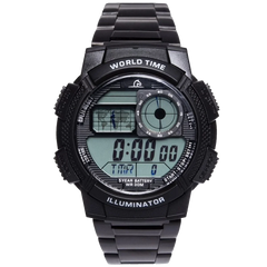 Marca: Pegaso Referencia: P7011BK-M0101Genero: hombre Composición: digital formato 12 o 24h, luz naranja, cronometro, alarma, temporizador Materiales: Caja en resina, pulso en acero Color: negro Impermeabilidad: 3atmCristal: mineral Producto con garantía de 1 año en funcionamiento. El producto es entregado en caja y bolsa de la marca Recomendaciones Reloj con resistencia al agua para salpicaduras, no sumergible. No manipular los botones cuando esta en contacto con el agua