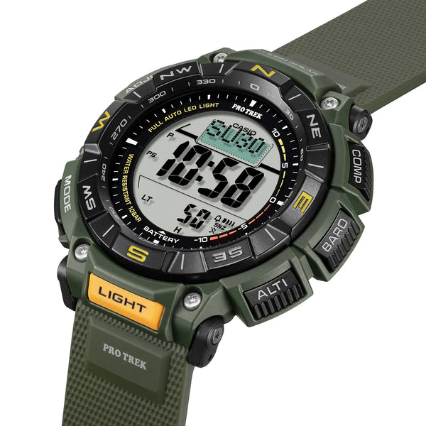 reloj casio PRO TREK  especializado, resistente al agua , golpes con multiples funciones como brujula,luz,carga solar 