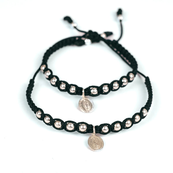 Pulsera plata tejida hilo negro para pareja  bolas 4mm dije virgen de guadalupe