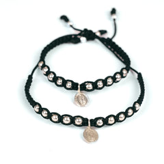 Pulsera plata tejida hilo negro para pareja  bolas 4mm dije virgen de guadalupe