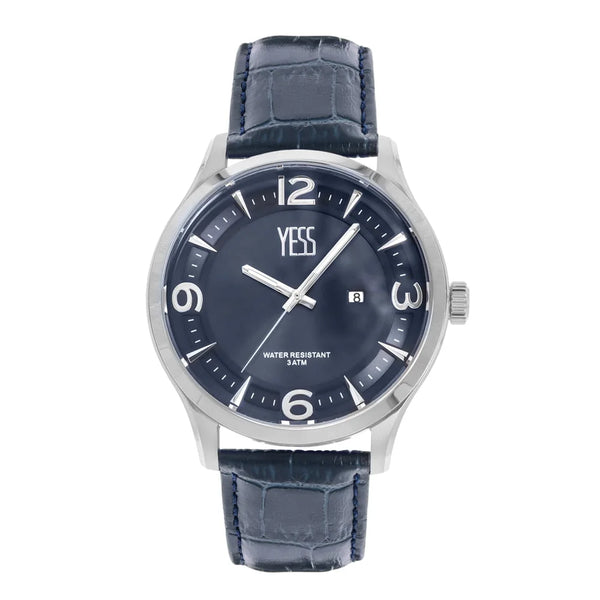 Marca: YESS Referencia: SMT-230427-02Colección: Caballero Composición: Análogo y calendario Materiales: Cuero Genuino y acero inoxidable Color: Azul y Plateado Impermeabilidad: 3 ATM Movimiento: cuarzo Cristal: Cristal mineral Producto con garantía de 1 año en funcionamiento. El producto es entregado en caja y bolsa de la marca Recomendaciones Reloj con resistencia al agua para salpicaduras, no sumergible. No manipular los botones cuando esta en contacto con el agua