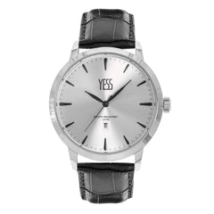 Marca: YESS Referencia: SMT-230426-04Colección: Caballero Composición: Análogo y Calendario Materiales: Cuero Genuino y acero inoxidable Color: Negro y Plateado Impermeabilidad: 3 ATM Movimiento: cuarzo Cristal: Cristal mineral Producto con garantía de 1 año en funcionamiento. El producto es entregado en caja y bolsa de la marca Recomendaciones Reloj con resistencia al agua para salpicaduras, no sumergible. No manipular los botones cuando esta en contacto con el agua