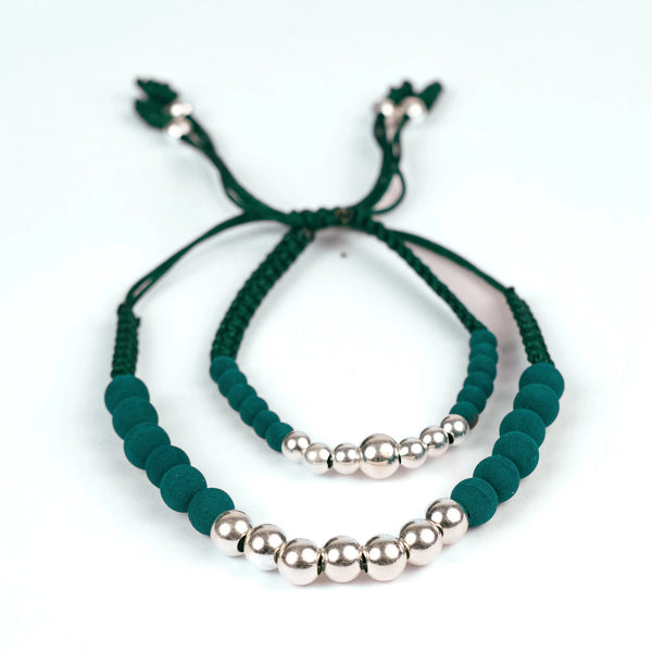 Pulsera Pareja Plata Tejida Hilo Verde Bolas 4mm