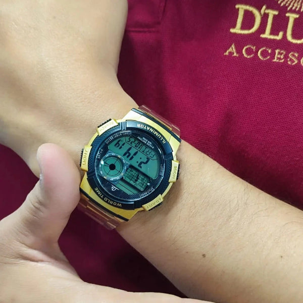 reloj digital pulso acero dorado