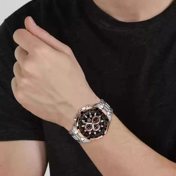 ef-539d-1a5vudf  reloj hombre acero tablero negro bisel oro rosa tamaño grande