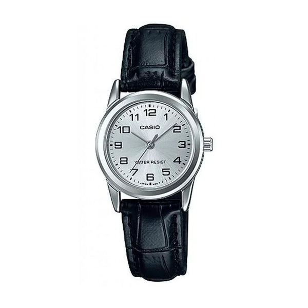 Reloj Casio Dama Pulso Cuero Negro Clasico Caja Plateada