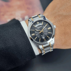 asi te luce reloj casio Hombre MTP-1381G-1AVDF en acero inoxidable bicolor con calendario y semanario , esfera negra 