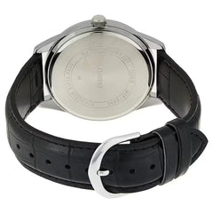 reloj casio mtp-v005l-1b4udf pulso en cuero negro caja plateada fondo negro 