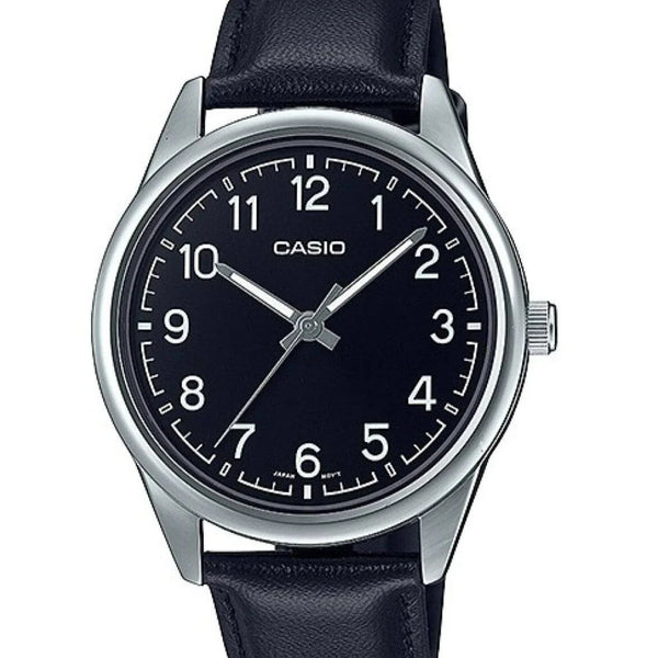 reloj casio mtp-v005l-1b4udf pulso en cuero negro caja plateada fondo negro 