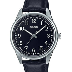 reloj casio mtp-v005l-1b4udf pulso en cuero negro caja plateada fondo negro 