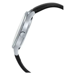 reloj casio mtp-v005l-1b4udf pulso en cuero negro caja plateada fondo negro 