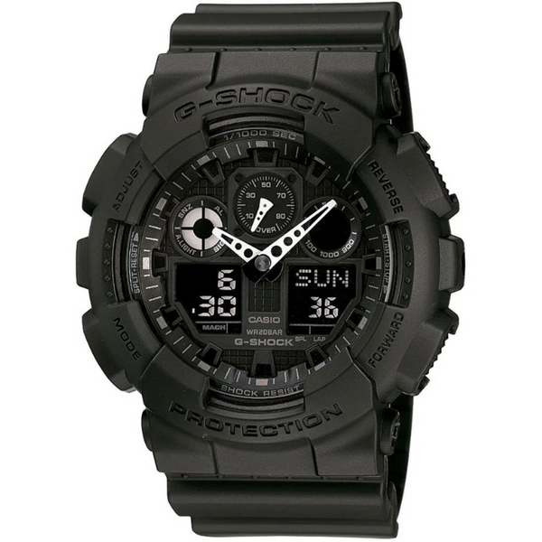 G-shock Referencia: GA-100-1A1DR Colección: hombre Composición: analogo, digital, cronometro, temporizador, alarma, calendario. cronógrafo Materiales: resina Color: negro Impermeabilidad: 20 atm Cristal: mineral Producto con garantía de 1 año en funcionamiento . Recomendaciones Reloj con resistencia al agua para sumergirse. No manipular los botones cuando se esté en contacto con el agua.