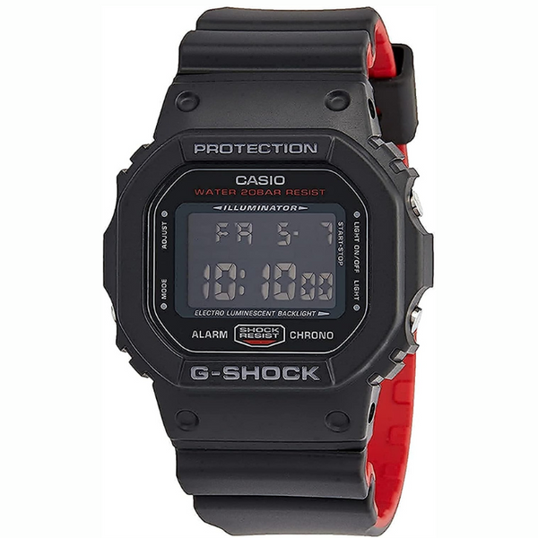 G-shock Referencia: dw-5600hr-1dr Colección: hombre Composición: digital, cronometro, temporizador, alarma, alerta de flash, calendario Materiales: resina Color: negro y rojo Impermeabilidad: 20 atm Cristal: mineral Producto con garantía de 1 año en funcionamiento  Recomendaciones Reloj con resistencia al agua para sumergirse. No manipular los botones cuando se esté en contacto con el agua.